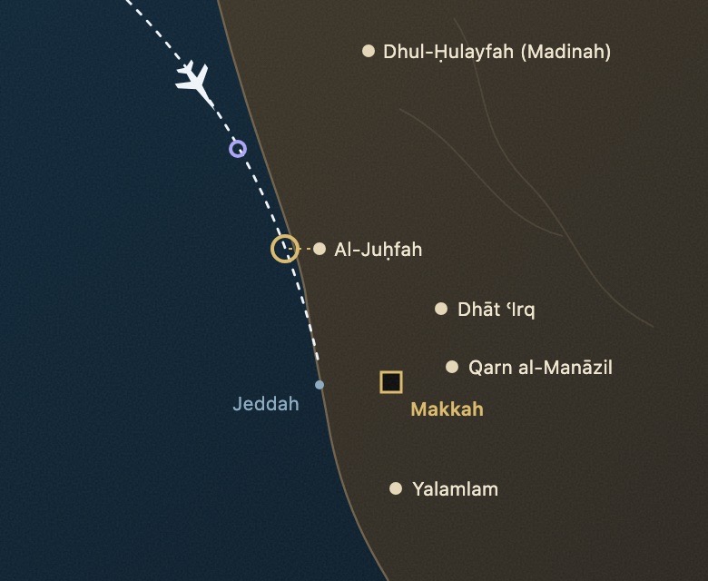 Map of the five mīqāt points around Makkah with a flight path crossing them