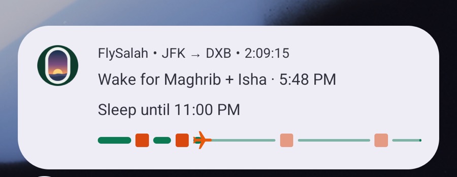 Android lock-screen countdown: FlySalah, JFK to DXB, wake for Maghrib and Isha at 5:48 PM, sleep until 11:00 PM