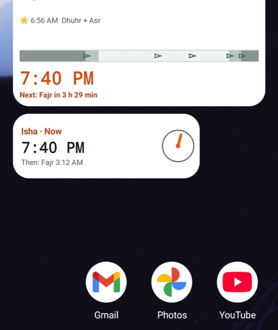 Android home-screen widgets: Pray Isha now at 7:40 PM, then Fajr, with a Qibla dial