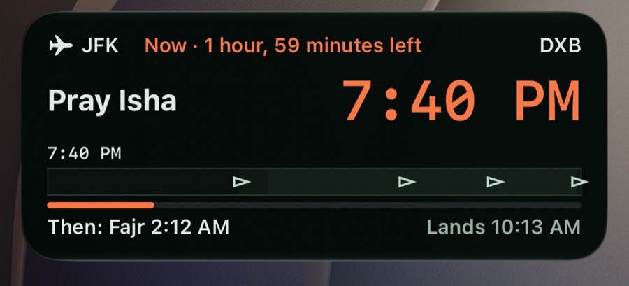 Live Activity on the iPhone lock screen: JFK to DXB, Pray Isha now at 7:40 PM, 1 hour 59 minutes left, then Fajr at 2:12 AM, landing at 10:13 AM