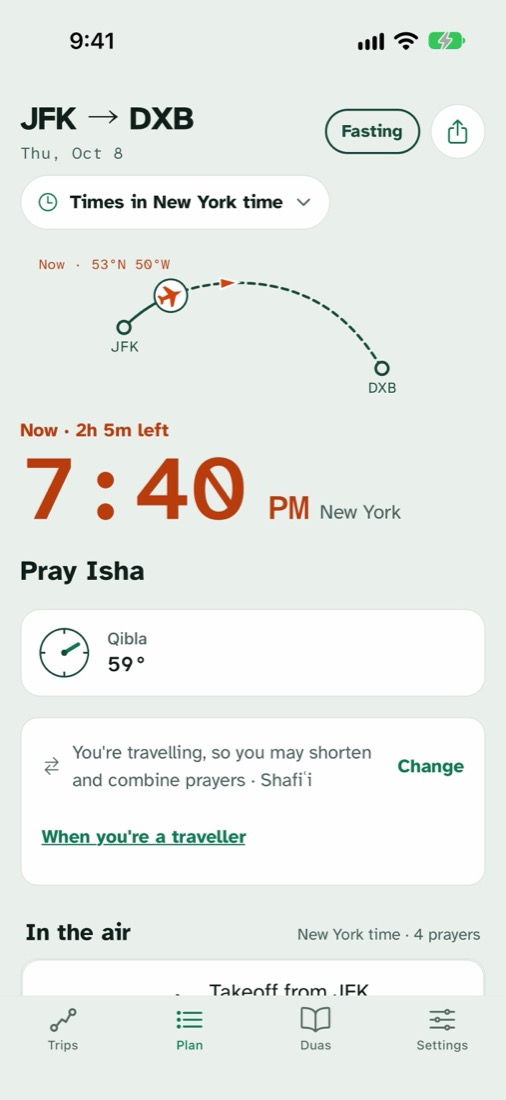 FlySalah on a flight from New York to Dubai: Isha now at 7:40 PM New York time, the Qibla at 59 degrees, and a note that you may shorten and combine prayers